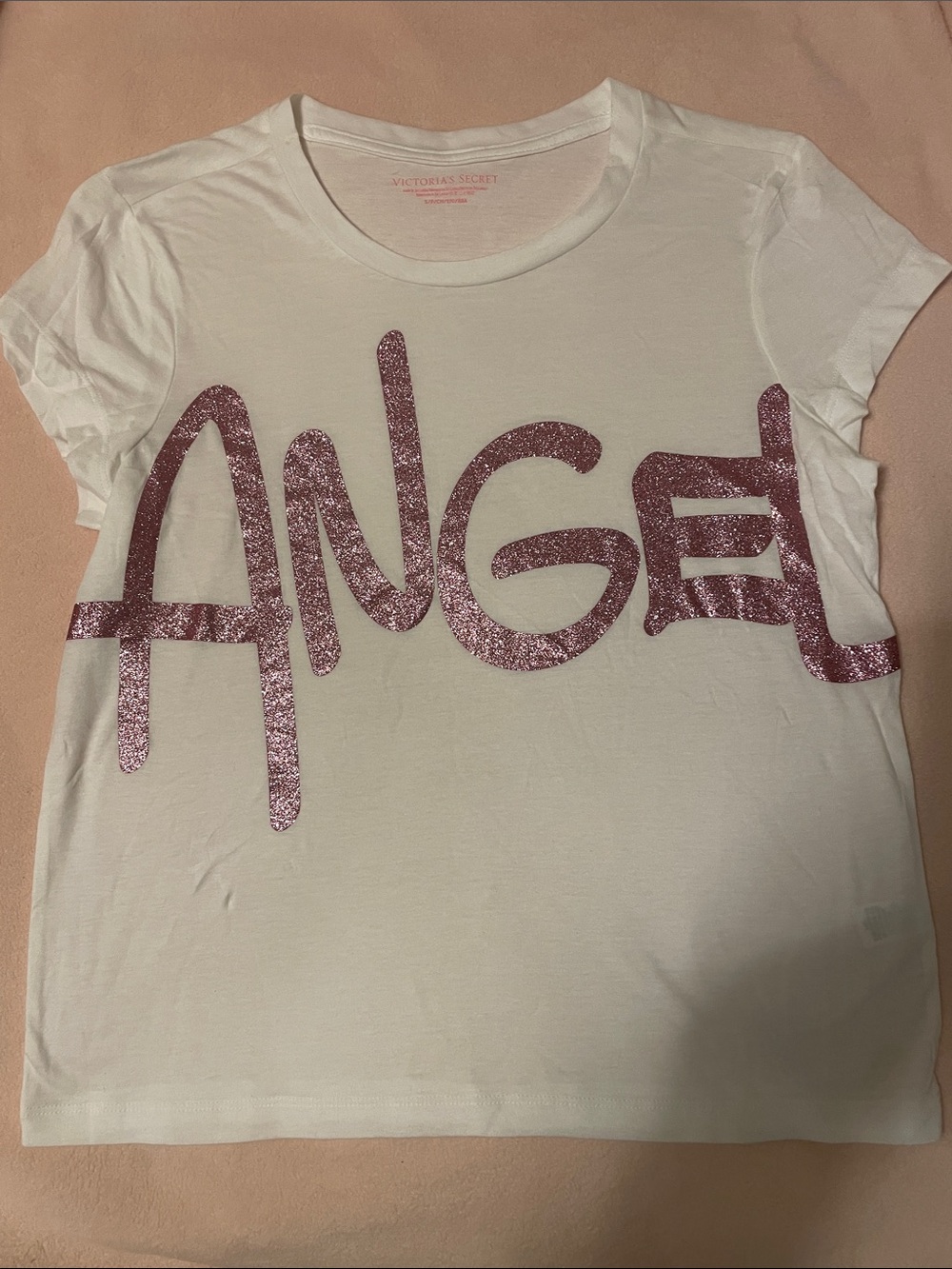 Victoria's Secret Angel Tee in White with Pink Glitter